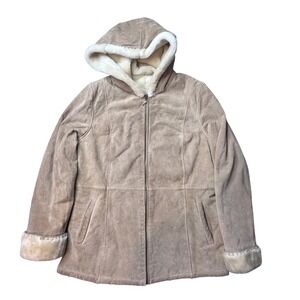 EMC Suede Jacket Womens Large Tan Hooded Faux Fur Lined 930210 Leather Coat